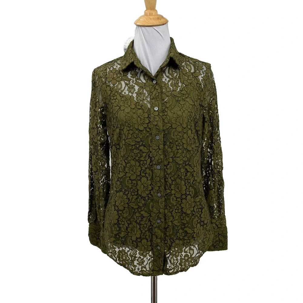 J Crew Top Women 2 Moss Two Piece Classic Fit Button Up Lace Overlay Long Sleeve